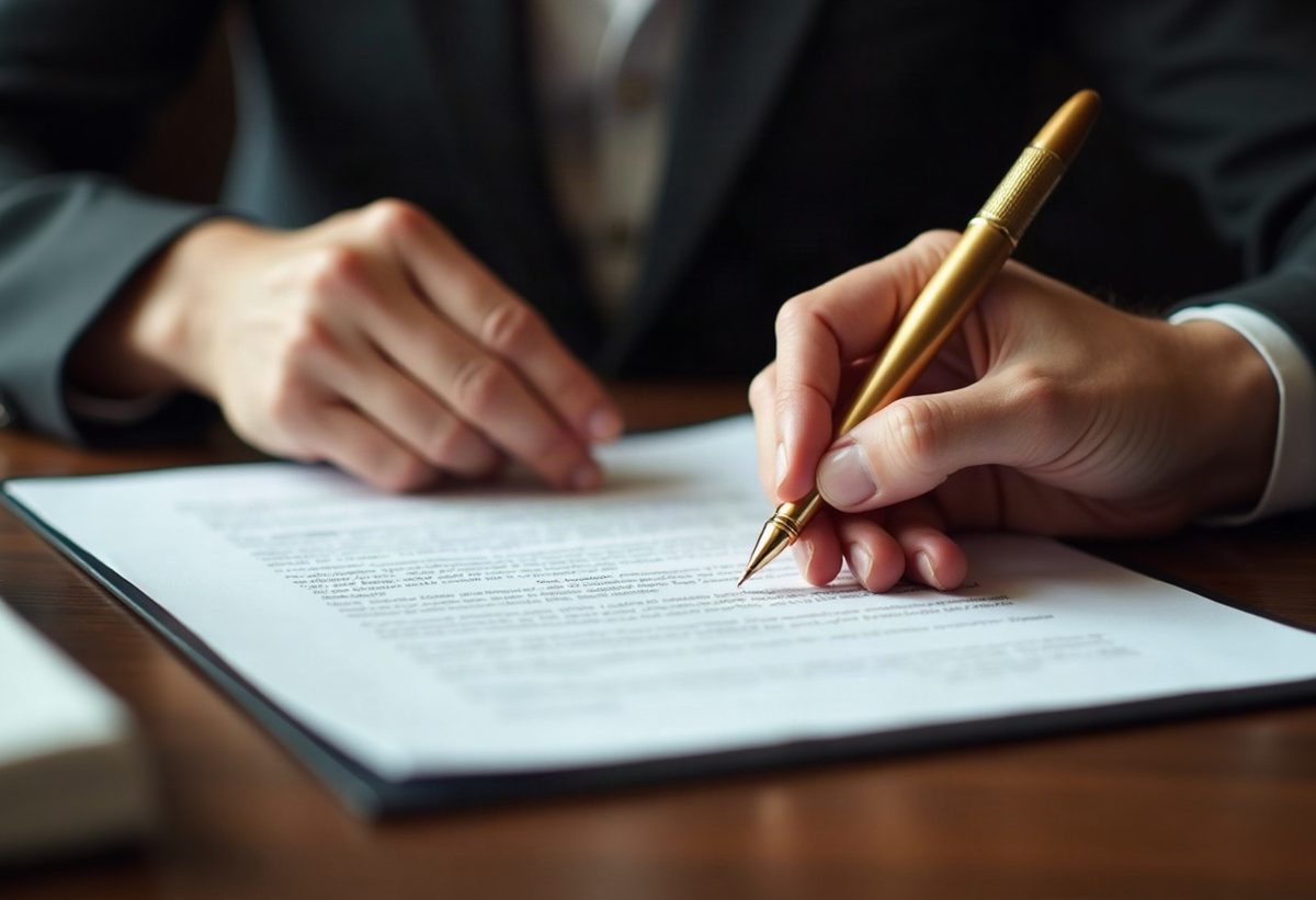 Hands signing a document at a desk with a gold pen