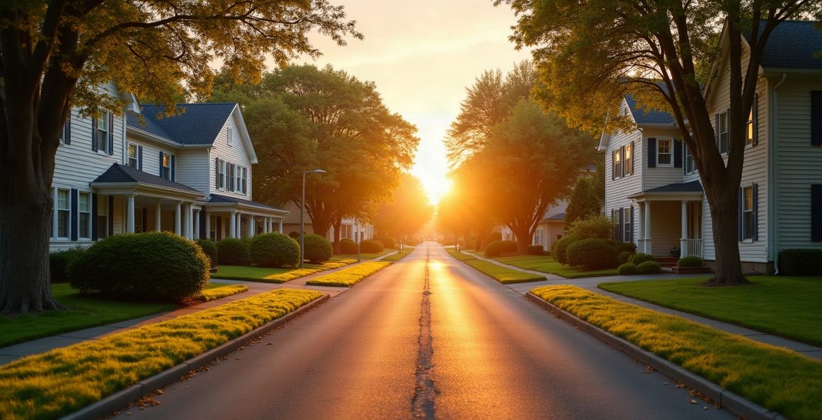 A quiet street of family homes at sunrise